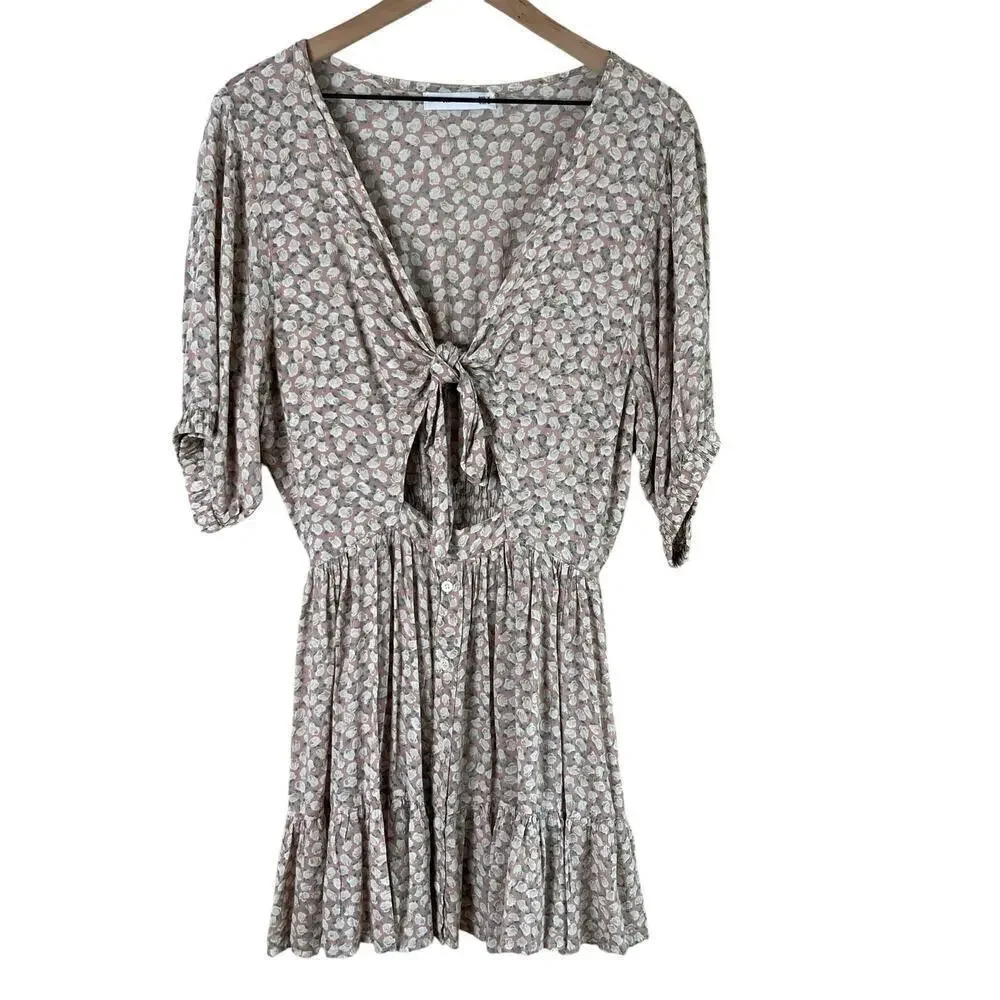 Faithfull The Brand Marigot‎ Tie-Front Dress in Pink Azalea Floral Print, Size 6